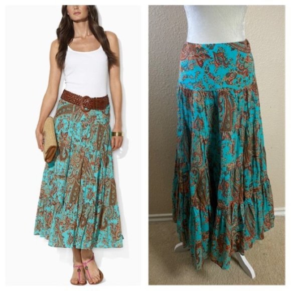 Ralph by Ralph Lauren Turquoise Moriah Paisley Print Broom Skirt - Picture 1 of 5